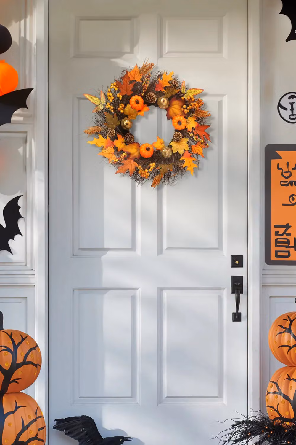 Living and Home Orange Artificial Pre-lit Autumn Harvest Wreath with Maple Leaves, Pumpkins and Berries, Diameter: 45 cm – 2