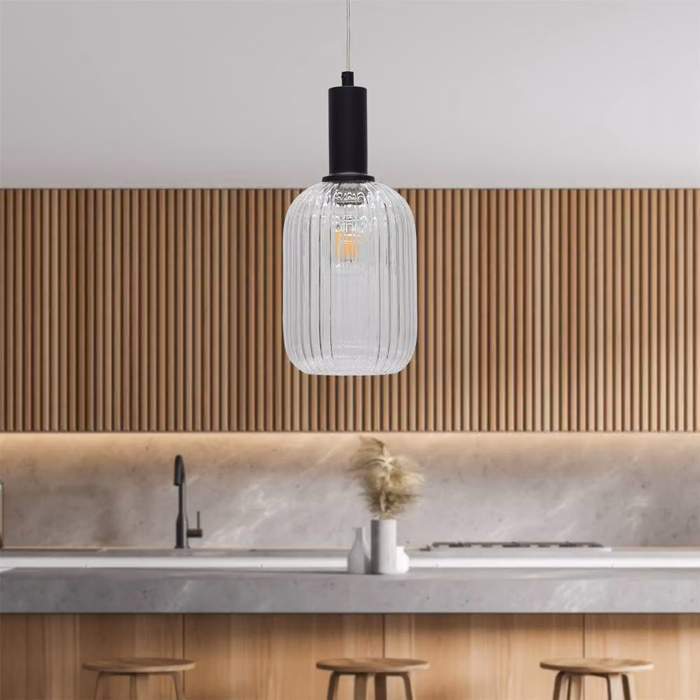 First Choice Lighting Batley Art Deco Pendant Fitting with Transparent Ribbed Glass and Black Metal Finish – 2