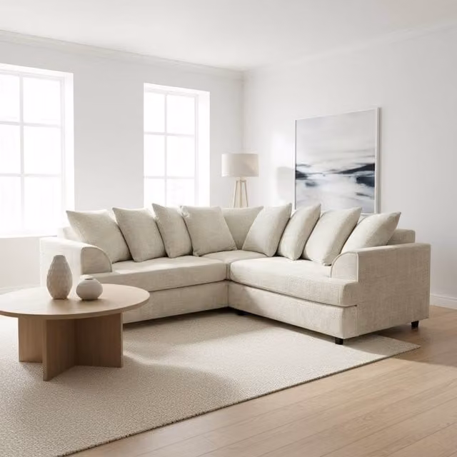 Abakus Direct Ferguson L-Shape Chenille Corner Sofa in Beige with Solid Wood Frame and Scatter Cushions