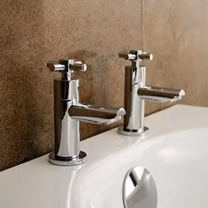 Nes Home Linden Chrome Cross Head Hot & Cold Basin Taps with Pop Up Waste and Silver Basin Waste
