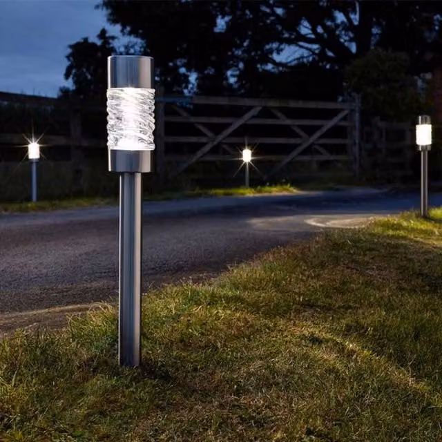 Garden Mile Set of 3 Silver Solar Stake Lights with Glass Cylinders and Dusk Sensor