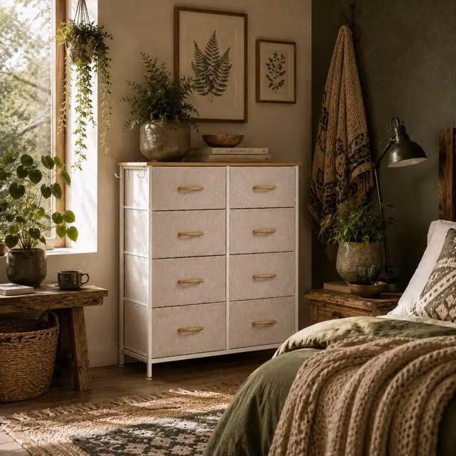 Wyld Haus Docone Livi 8 Drawer Fabric Storage Chest in Beige and White, W/D/H: 94.5 x 30.0 x 86.0 cm