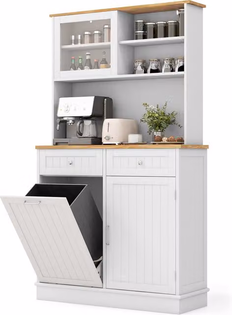 Costway Double Tilt Out Trash Cabinet in White with Hinged Doors and Internal Shelves