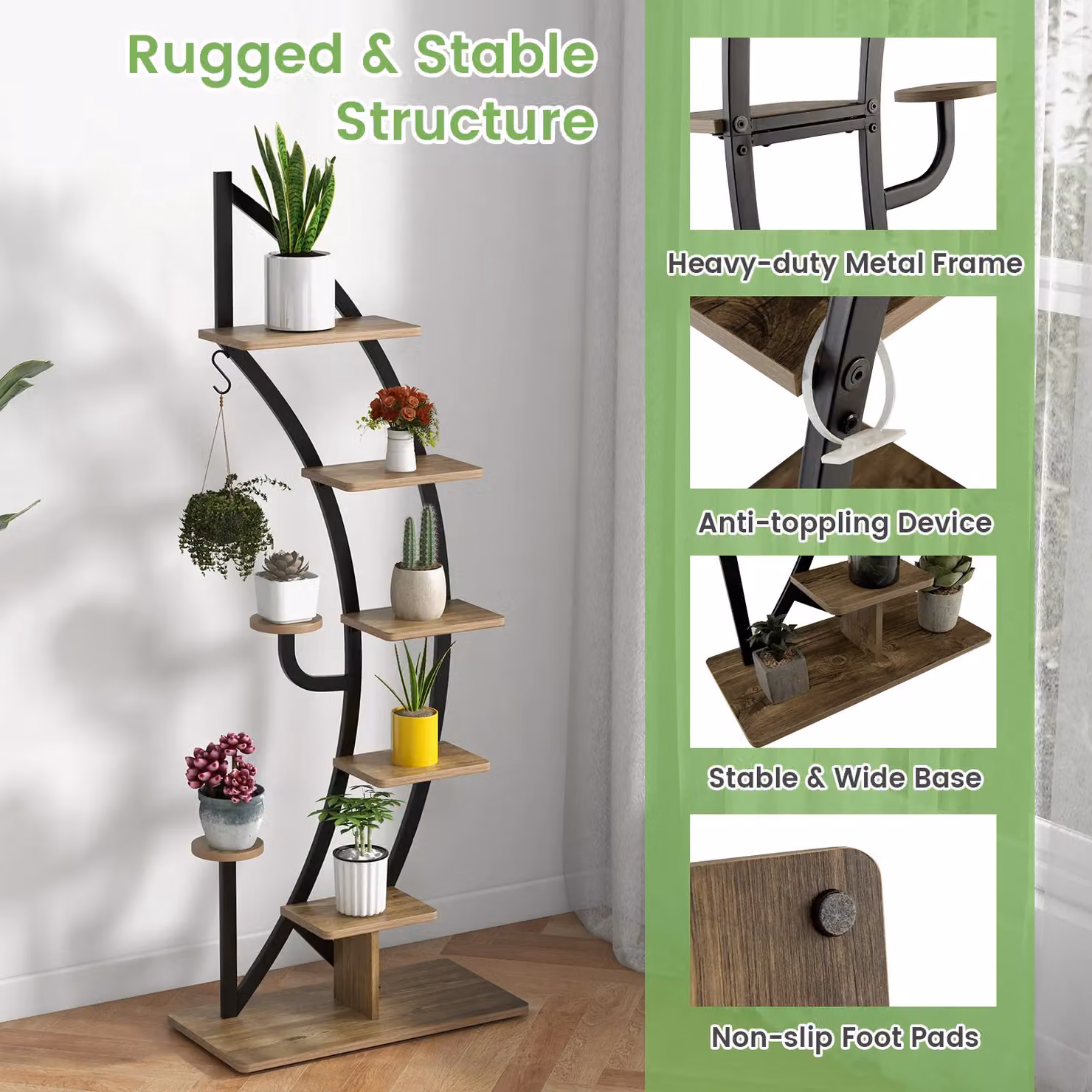 Costway 8-Tier Curved Half Moon Plant Stand Metal Ladder Flower Shelf with Hook in Natural Brown – 3