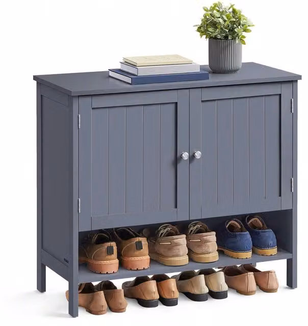 VASAGLE Freestanding 3-Tier Shoe Storage Cabinet with Hinged Doors and Open Shelf in Grey