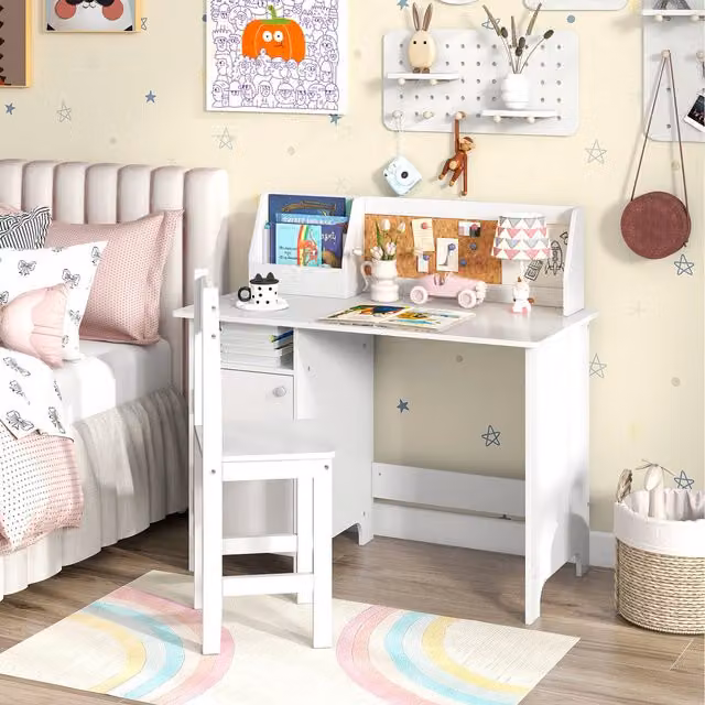 COSTWAY Modern White Childrens Study Desk and Chair Set