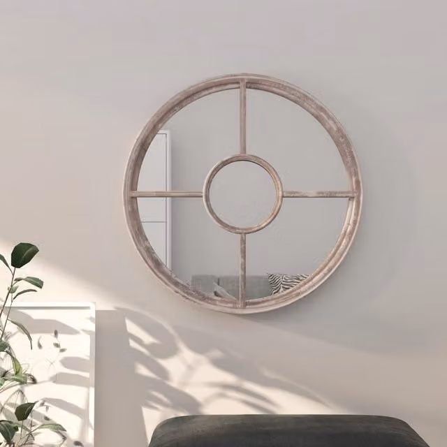 Berkfield Home Round Iron Wall Mirror in Beige, W: 60 cm, D: 4 cm