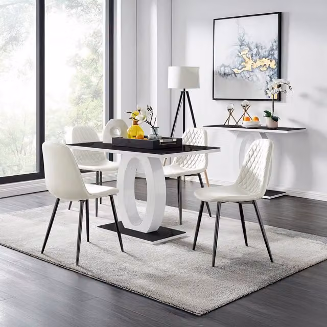 FurnitureboxUK Giovani White Rectangular Glass Dining Table and Four Black Corona Faux Leather Chairs Set