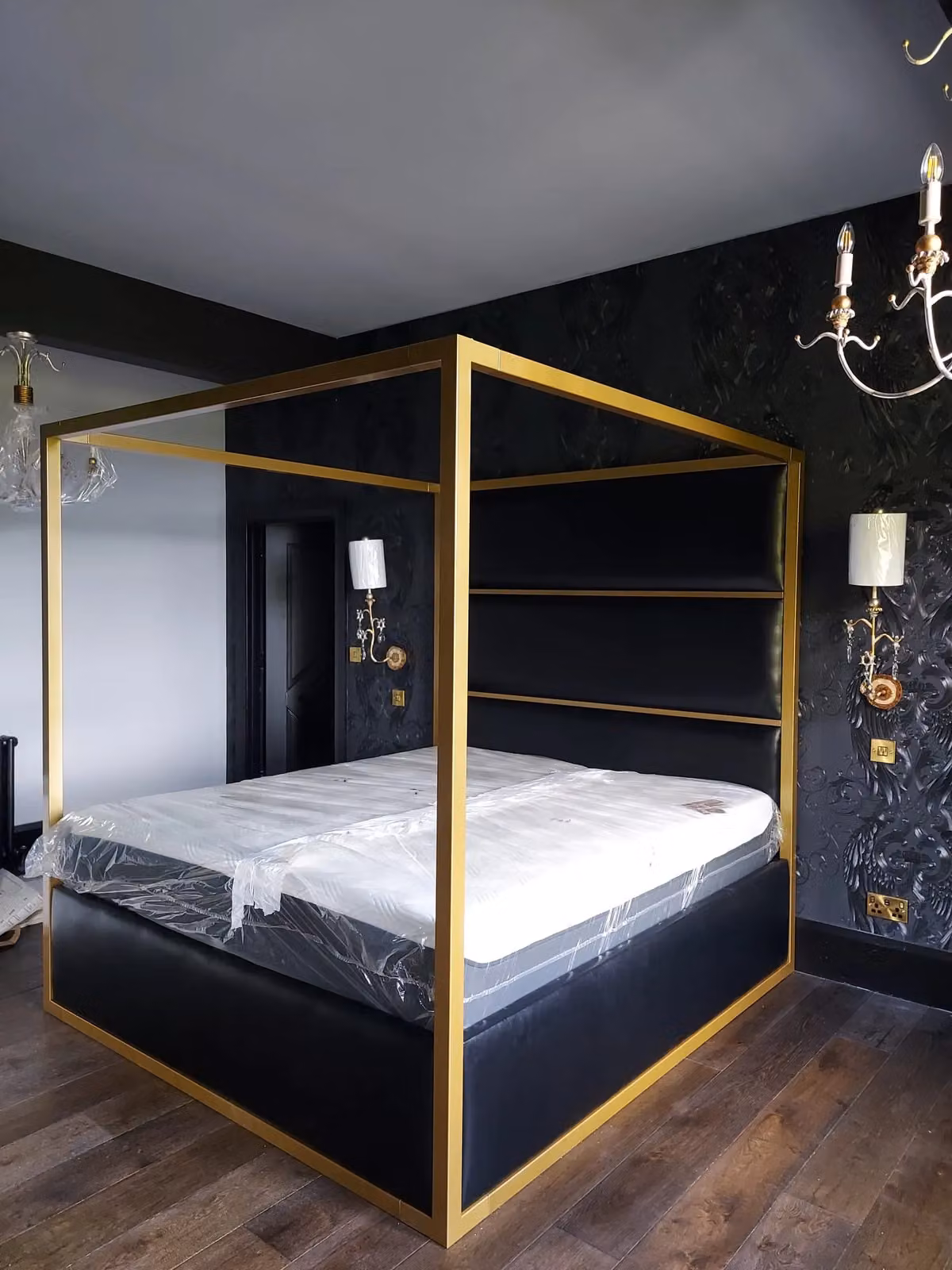 HOB Furniture Regent 4 Poster Canopy Bed in Black Faux Leather, Double Size 140 x 200 cm – 2