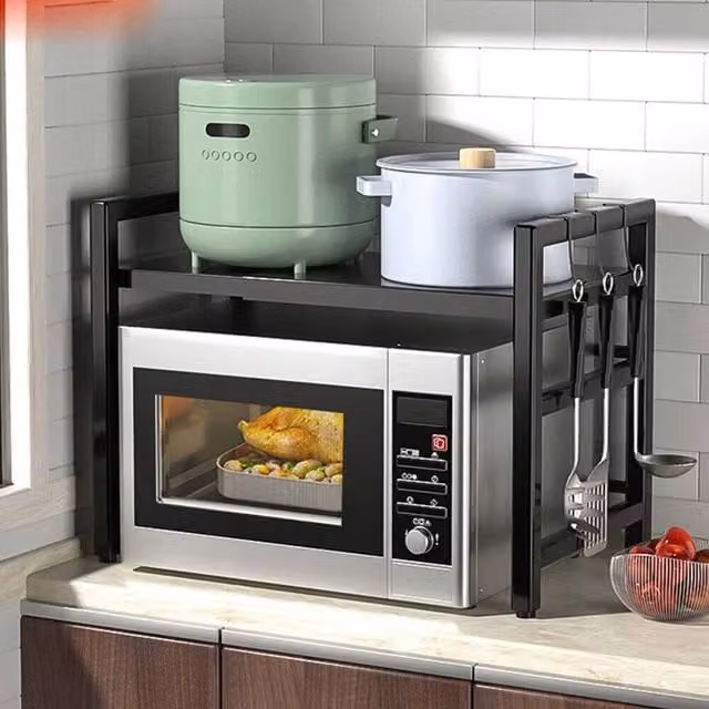 SPETLEK 2 Tier Black Metal Microwave Oven Rack Stand with Adjustable Shelves – 1