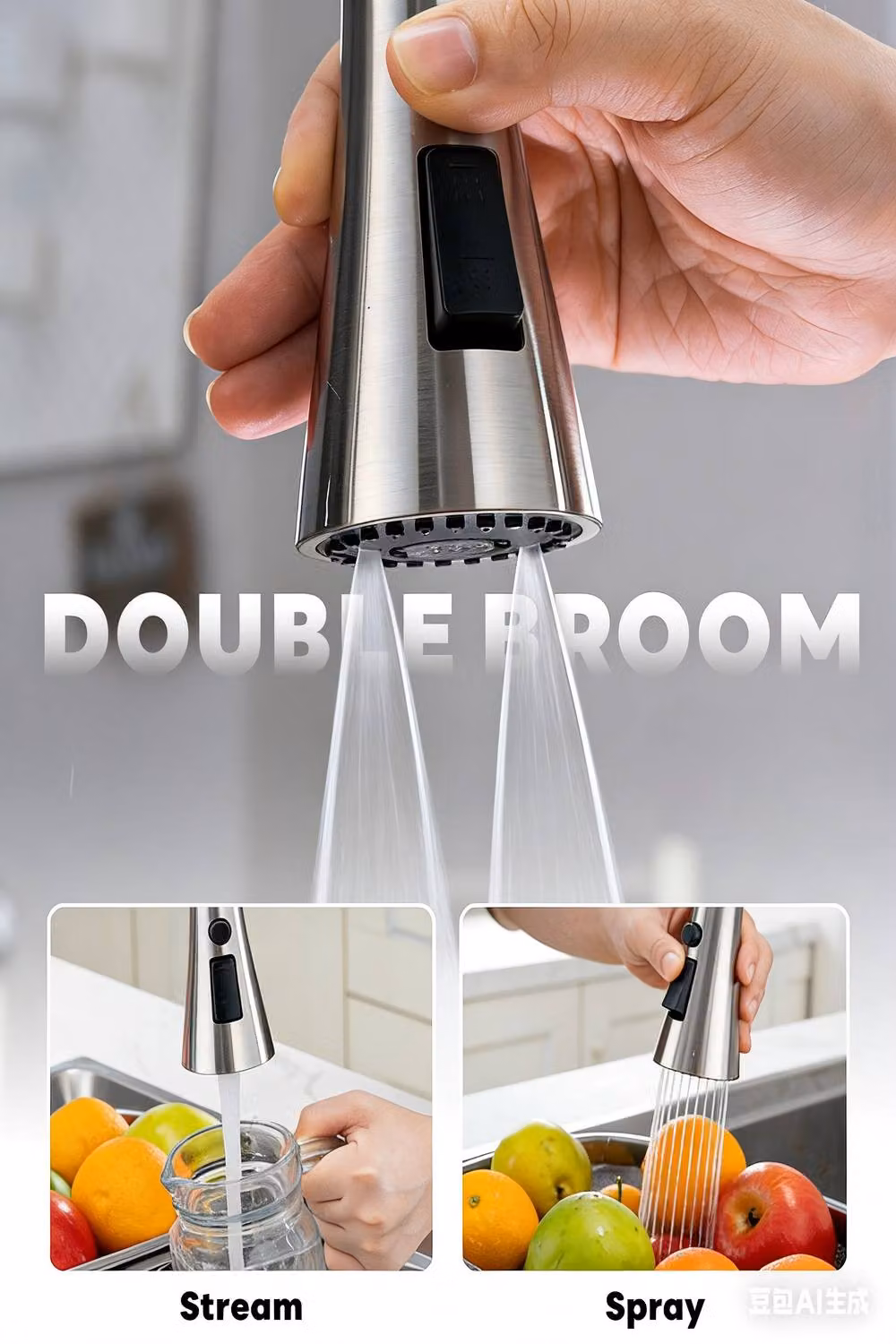JANLEMNY High Arch Pull-Out Kitchen Mixer Tap in Brushed Nickel Stainless Steel, Silver – 2