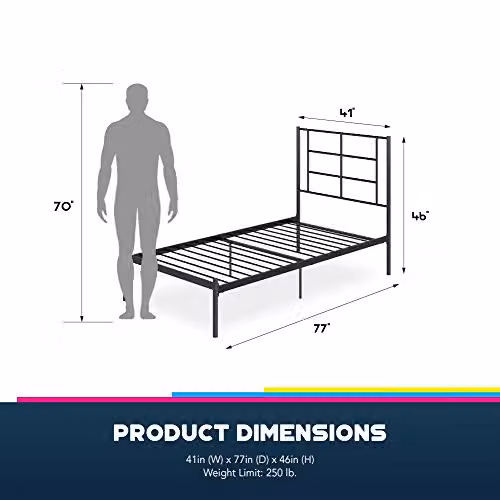 DHP Furniture Jensen Modern Metal Bed in Black, Single, W/D/H: 90 x 200 cm – 5