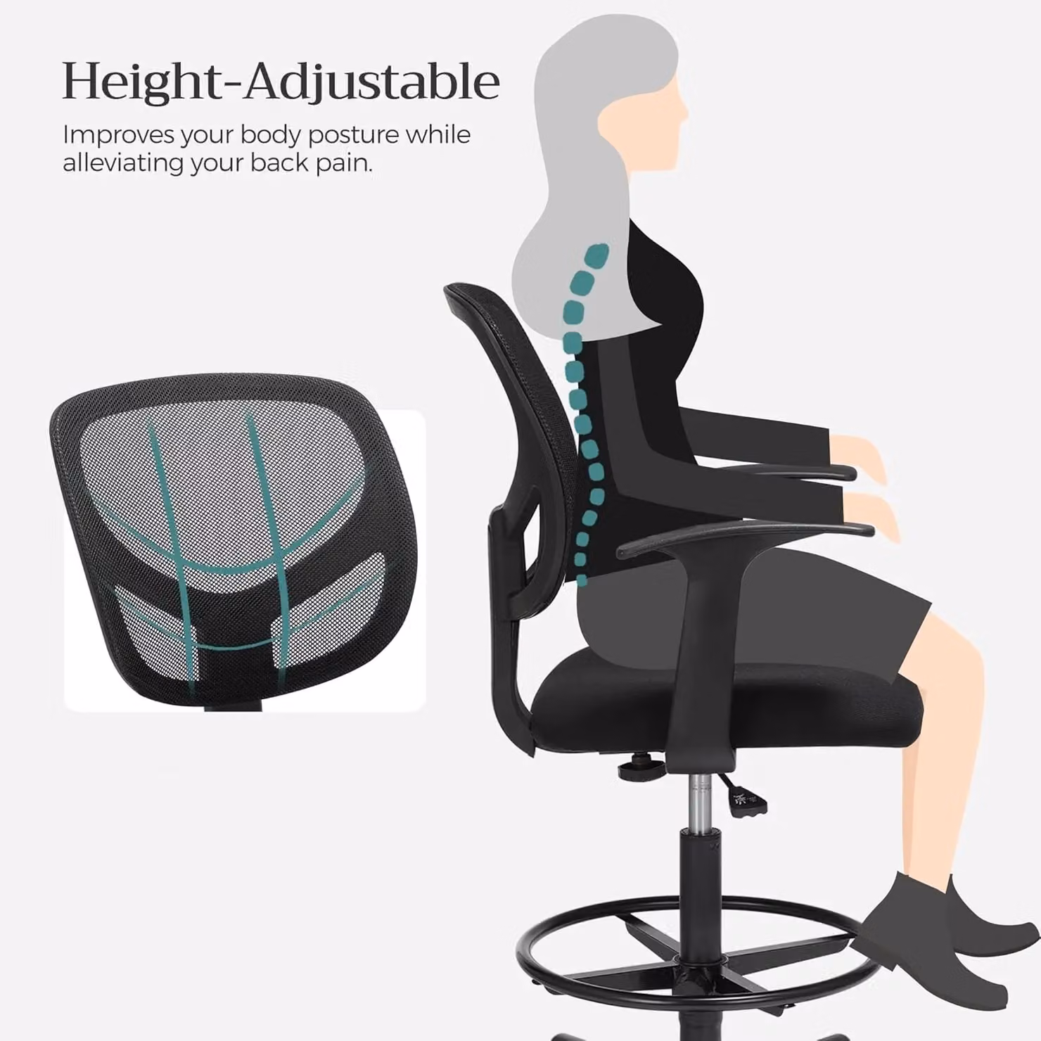 SONGMICS Black Mesh Drafting Chair with Armrests, Height Adjustable Footrest and Castors – 3