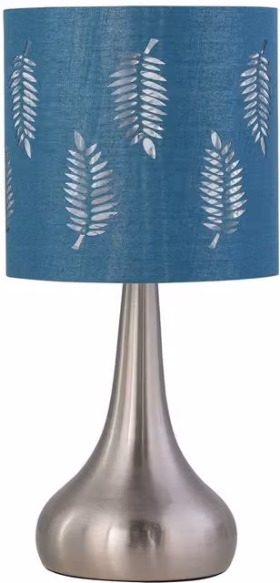 First Choice Lighting Romana Touch Operated Table Lamp in Brushed Chrome with Teal Fabric Shade