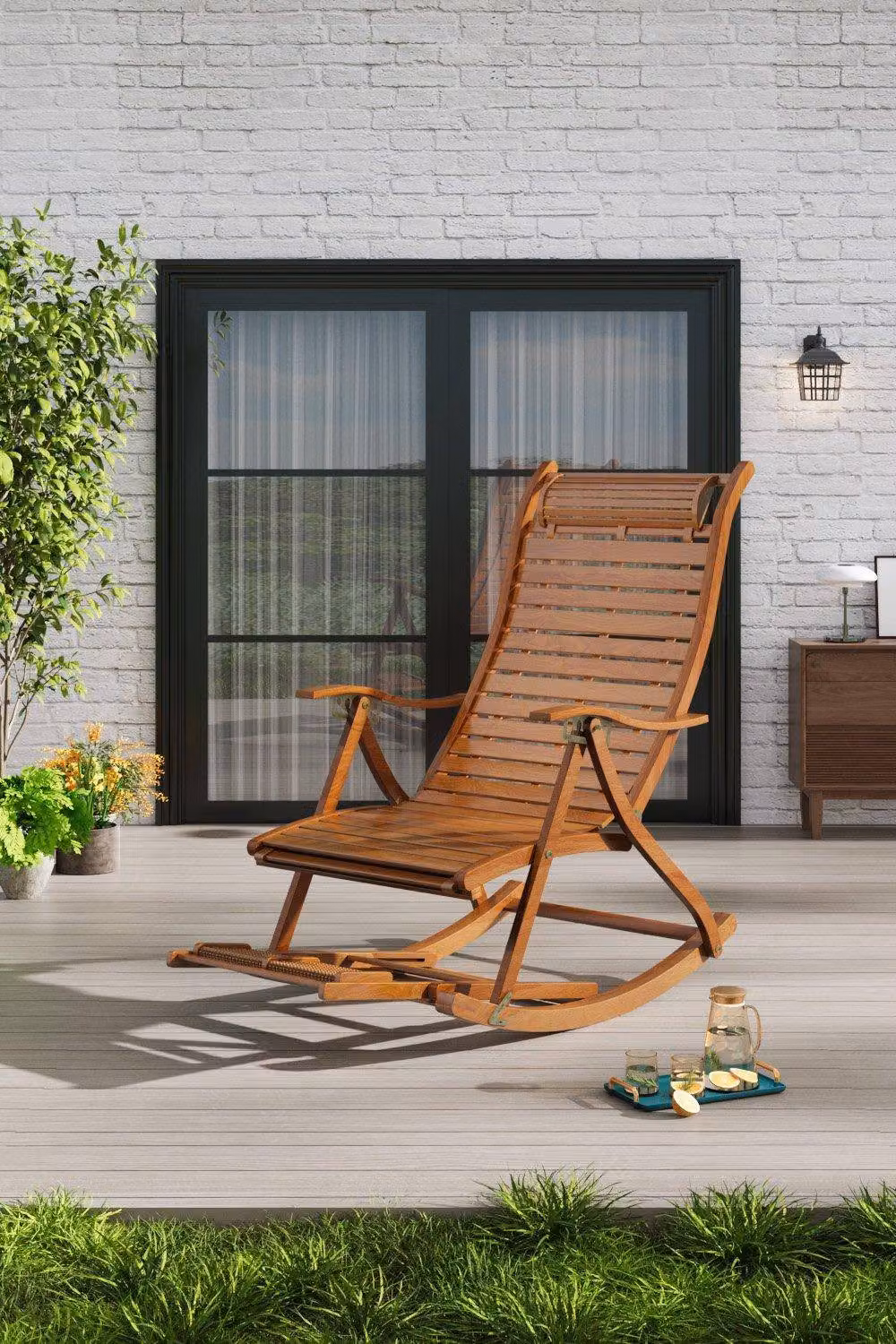 Garden Sanctuary Bamboo Foldable Outdoor Recliner Rocking Chair in Natural Brown – 2