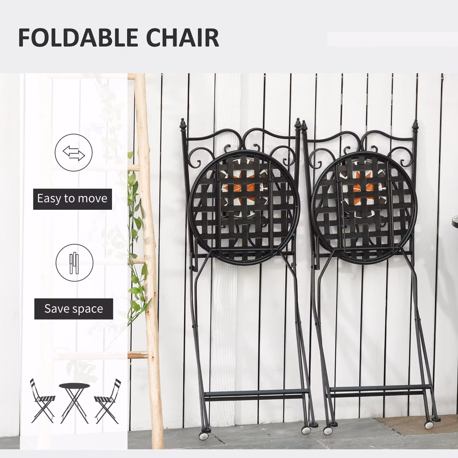 Outsunny 3 Piece Garden Bistro Set with Ceramic Tile Round Table and 2 Foldable Chairs in Black – 3