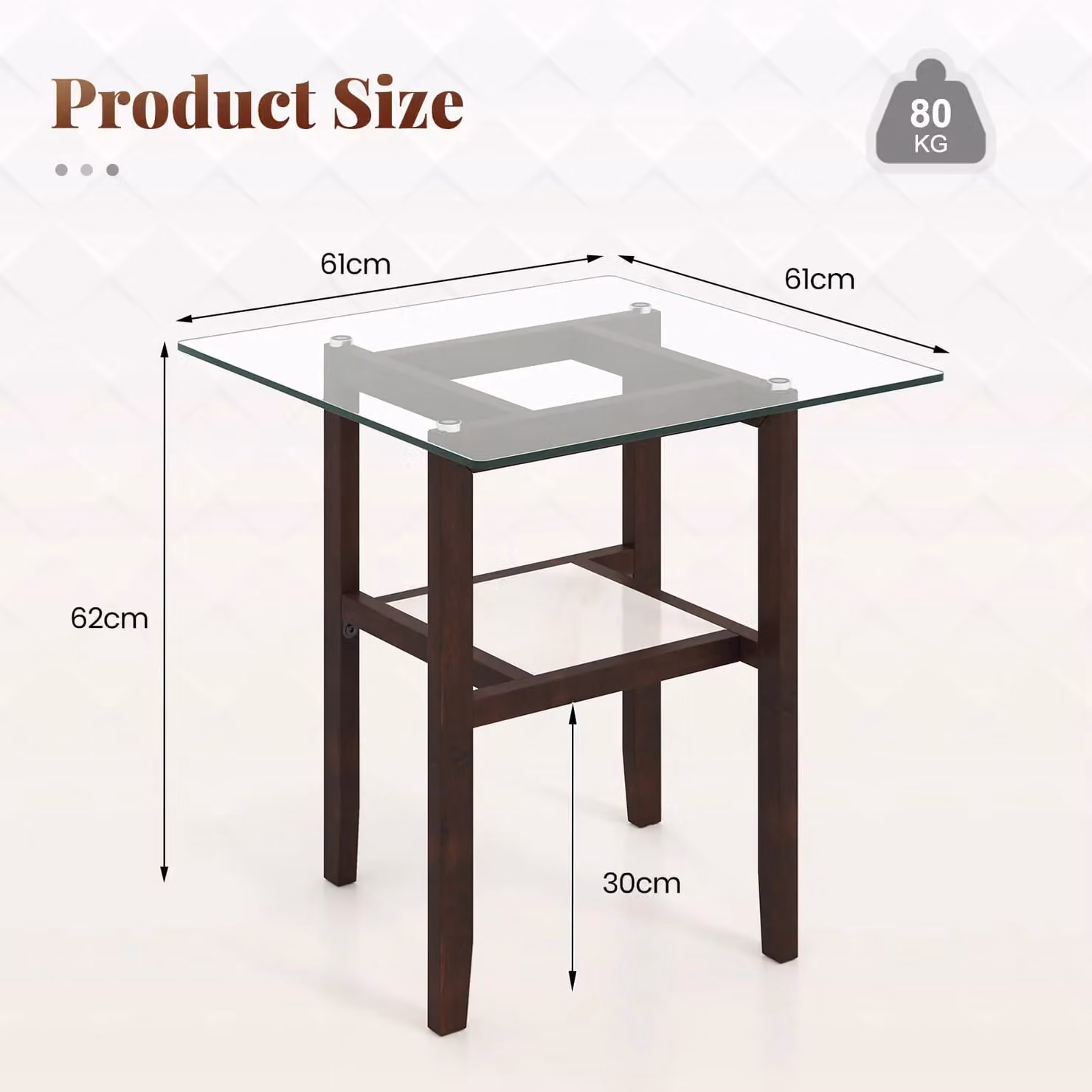Gymax 2-Tier Square Glass and Rubberwood Side Table with Storage Shelf, Dark Brown, W/D/H: 61 x 61 x 62 cm – 2