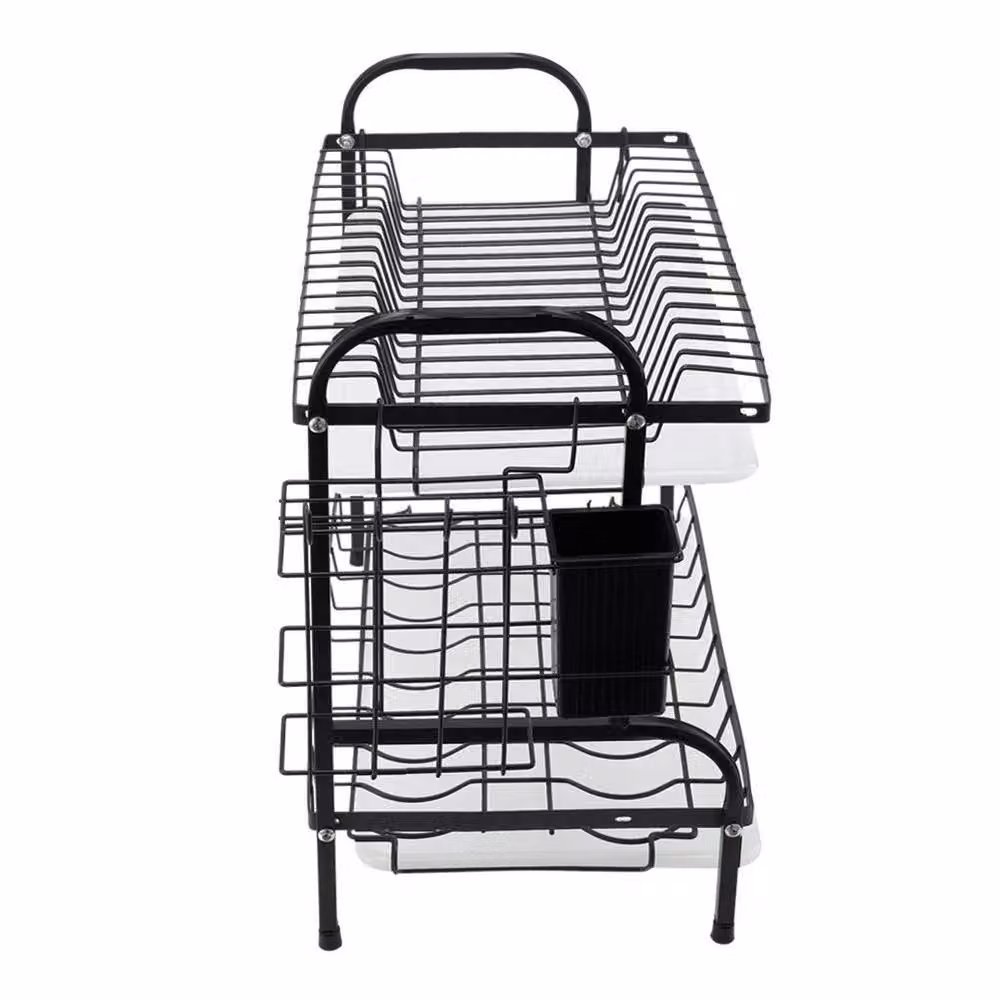 FORGEVIO 2 Tier Large Metal Dish Drainer Plate Rack with Cutlery Holder and Drip Tray in Black – 2