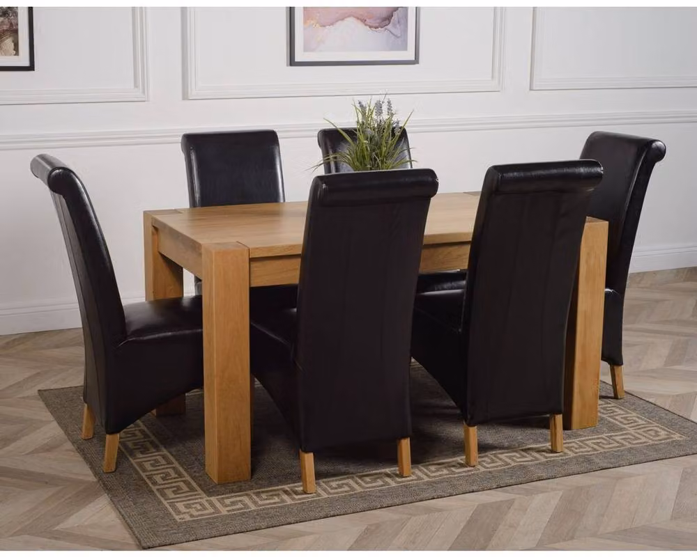 Thats Furniture Kuba Oak Dining Table and 6 Montana Black Leather Chairs Set, W: 150 cm, D: 85 cm – 6