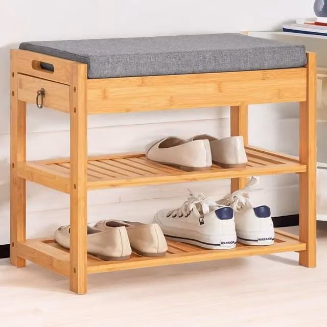 Rafaelo Mobilia Bamboo Shoe Storage Bench with Hidden Drawer and Grey Fabric Cushioned Seat in Brown, W/D/H: 90 x 30 x 46 cm