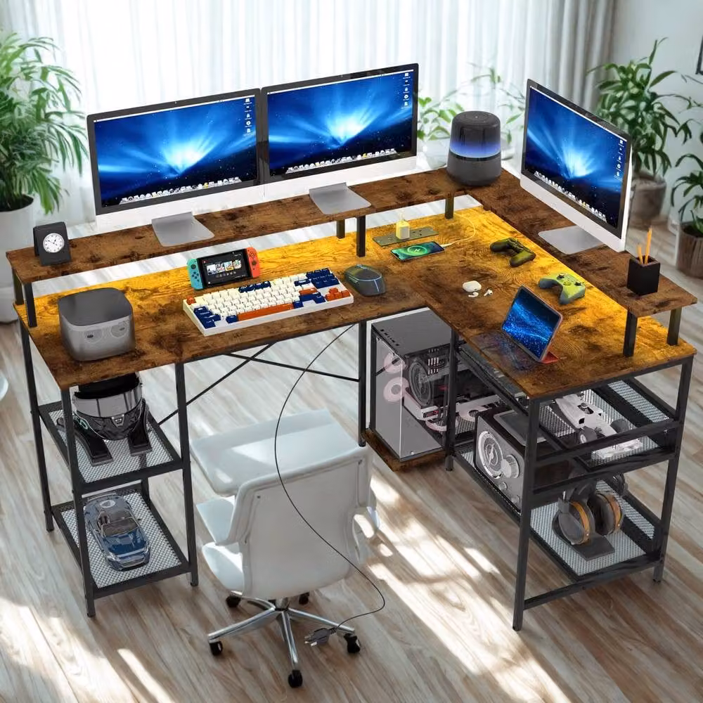 FURNOS Industrial L Shaped Corner Computer Desk with USB Outlets and LED Lights, Brown, W: 150 cm, D: 102 cm, H: 76 cm – 3