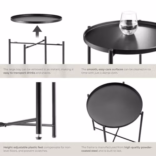 tectake Round Side Table in Black Minimalist Design with Height-Adjustable Feet, W/D/H: 45.5 x 45.5 x 53 cm – 4