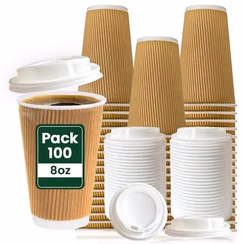 ECONX 100 Pack Disposable Brown Ripple Paper Coffee Cups with White Lids, 8oz