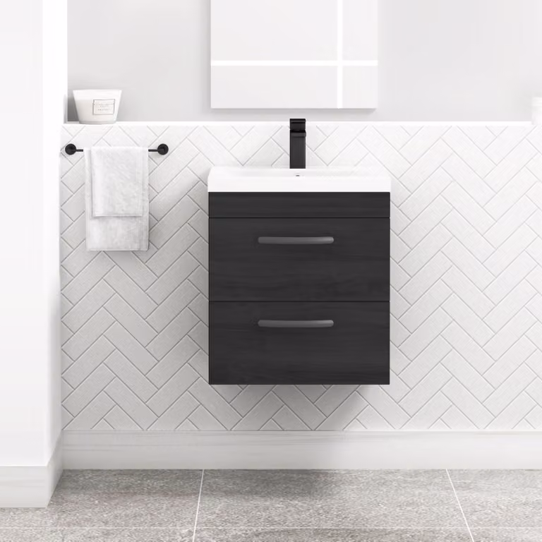 Royal Bathrooms Turin 500mm Wall Hung Vanity Unit in Hale Black with 2 Drawers and Matt Black Handles