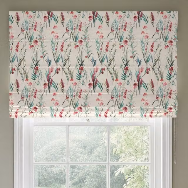 ANTE DECOR Combe Made To Measure Roman Blind in Dusty Rose Linen with Multicolour Floral Design