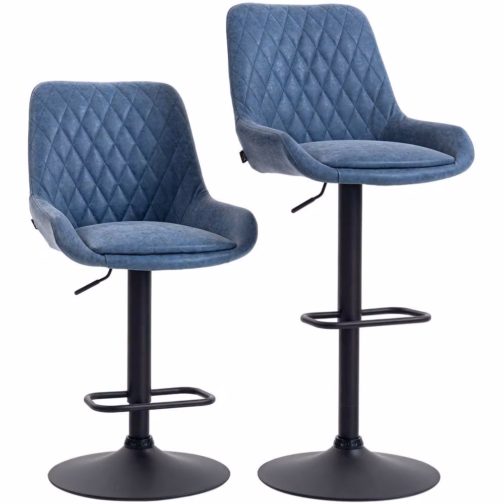 HOMCOM Set of 2 Swivel Height Adjustable Bar Stools in Blue Synthetic Leather with Metal Base – 2