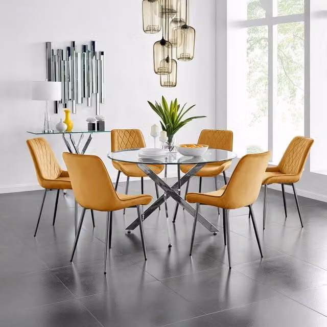 FurnitureboxUK Novara Round Glass Dining Table with Six Pesaro Yellow Chairs and Black Legs, Diameter: 120 cm