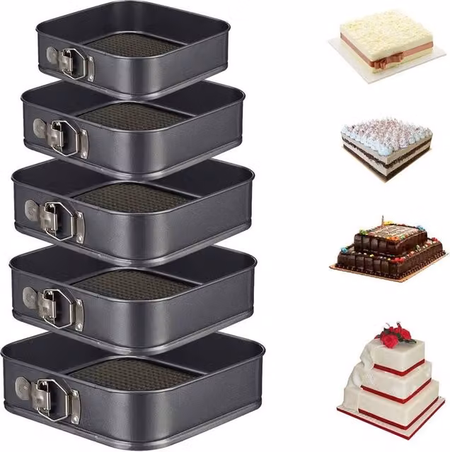 FLAVORA 5 Pack Non-Stick Square Springform Cake Baking Tins in Black
