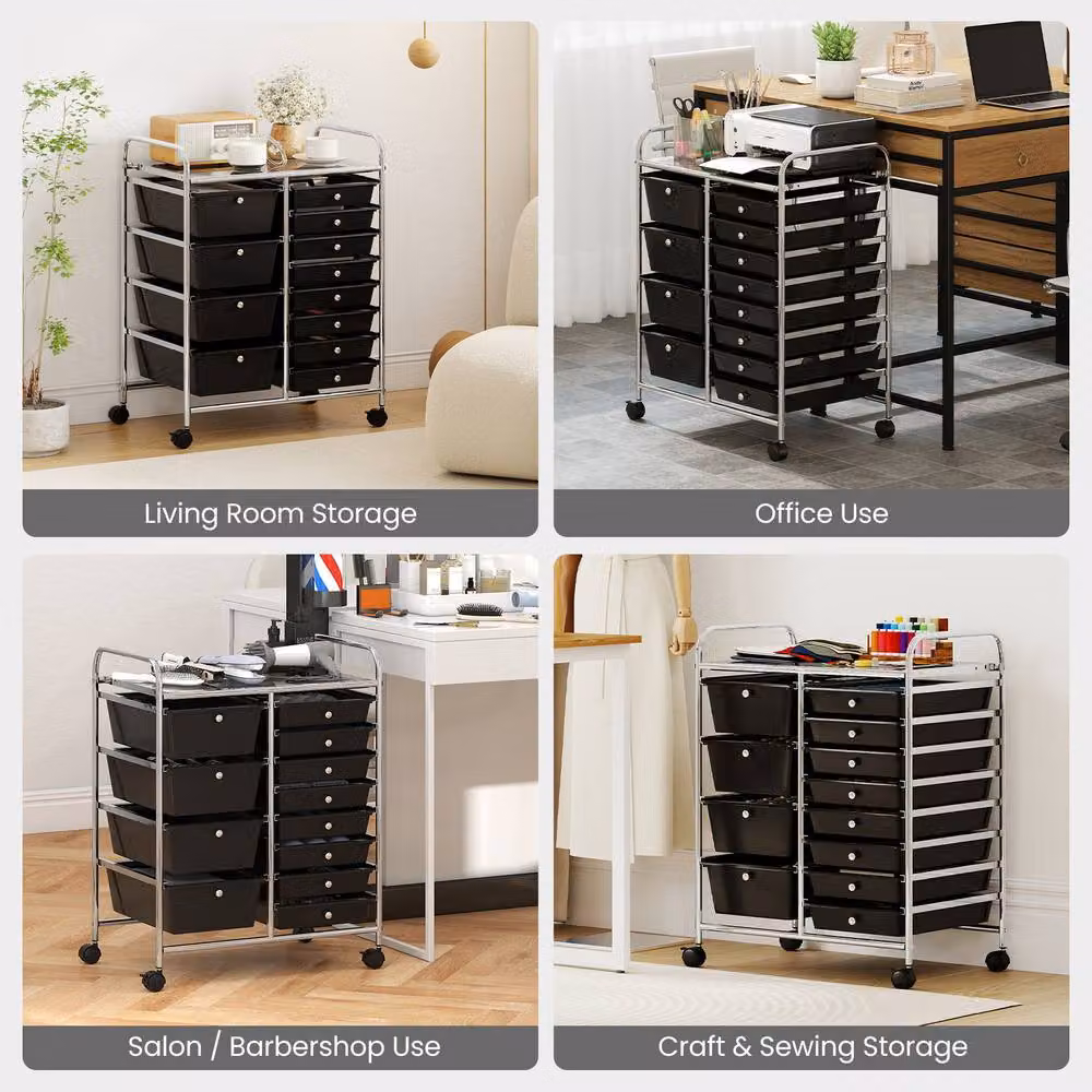Costway Black Multi-Purpose Metal Utility Storage Cart with Castors and 2 Drawers – 4