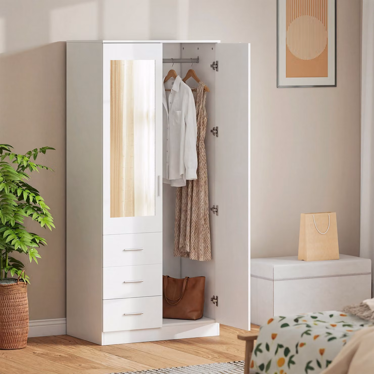 HOMCOM White Mirror Wardrobe with 2 Doors, 3 Drawers and Adjustable Shelves, W/D/H: 80 x 50 x 180 cm – 4