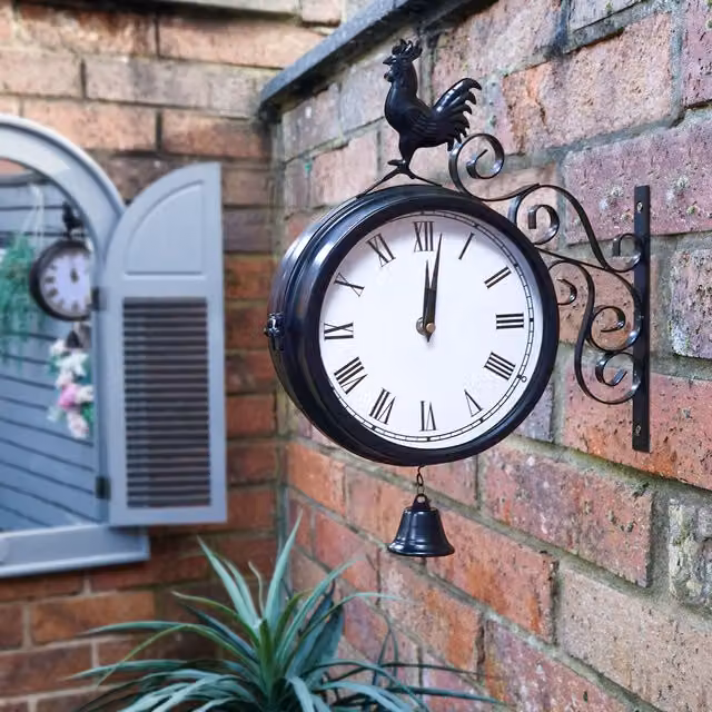 St Helens Home and Garden Vintage Double Sided Outdoor Station Wall Clock with Metal Cockerel, Black, Diameter: 20 cm