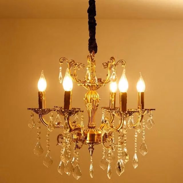 PAWNORA Large 6-Light Suspended Ceiling Pendant Light in Bronze with Crystal and Metal Details