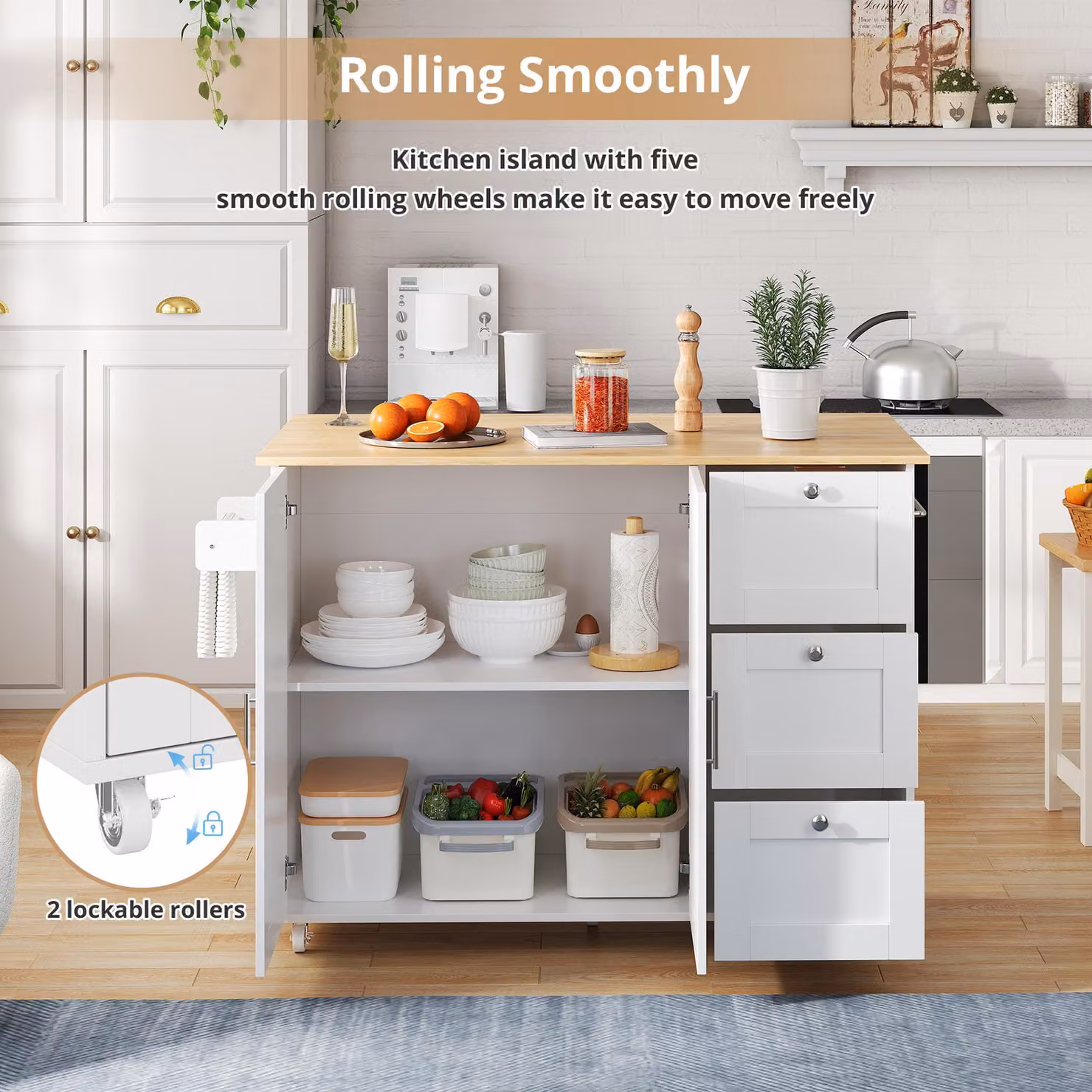 Aosom UK White Kitchen Island Trolley with 3 Drawers, 2-Door Cabinet and Foldable Worktop, W/D/H: 70 x 135 x 90 cm – 2