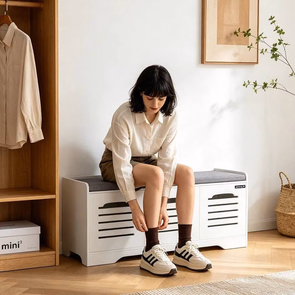 KORVIXA 3-Door Shoe Storage Bench with White Fabric Cushion Seat – 4