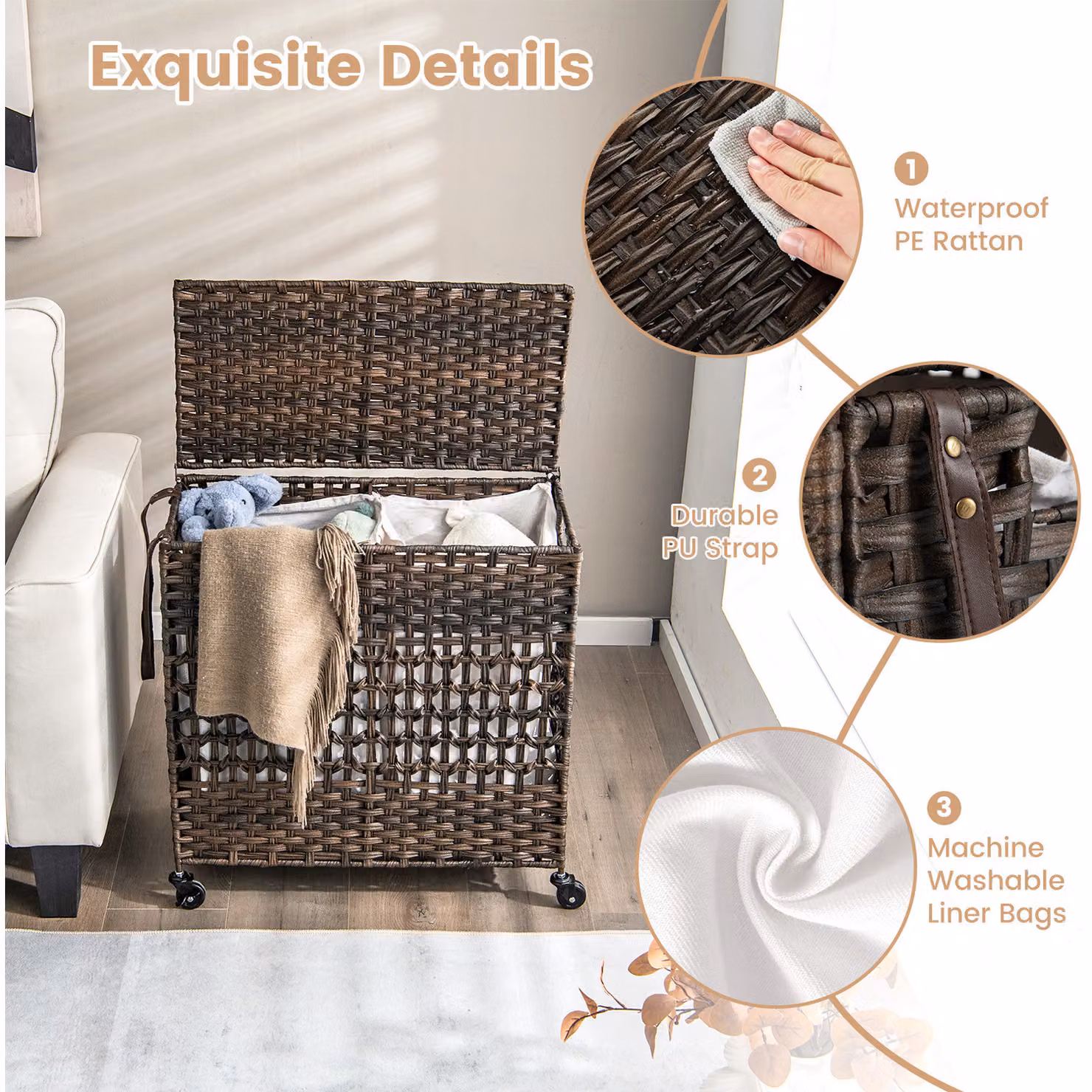 Costway 110L 2-Section Laundry Hamper with Lid and Wheels in Brown – 2