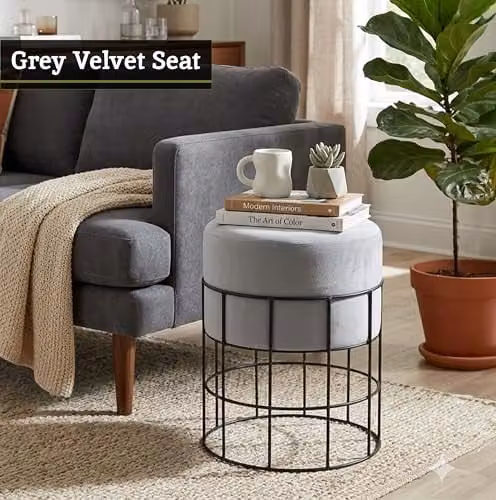 Orsina Grey Velvet Round Stool with Black Metal Cage Base – 5