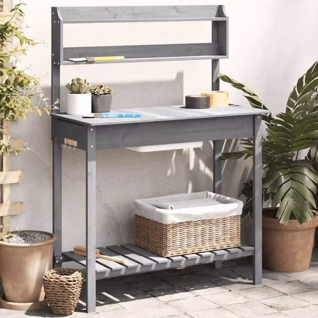 Berkfield Home Potting Table with Sink in Grey, Solid Wood Fir, W/D/H: 147.5 x 44 x 139.5 cm