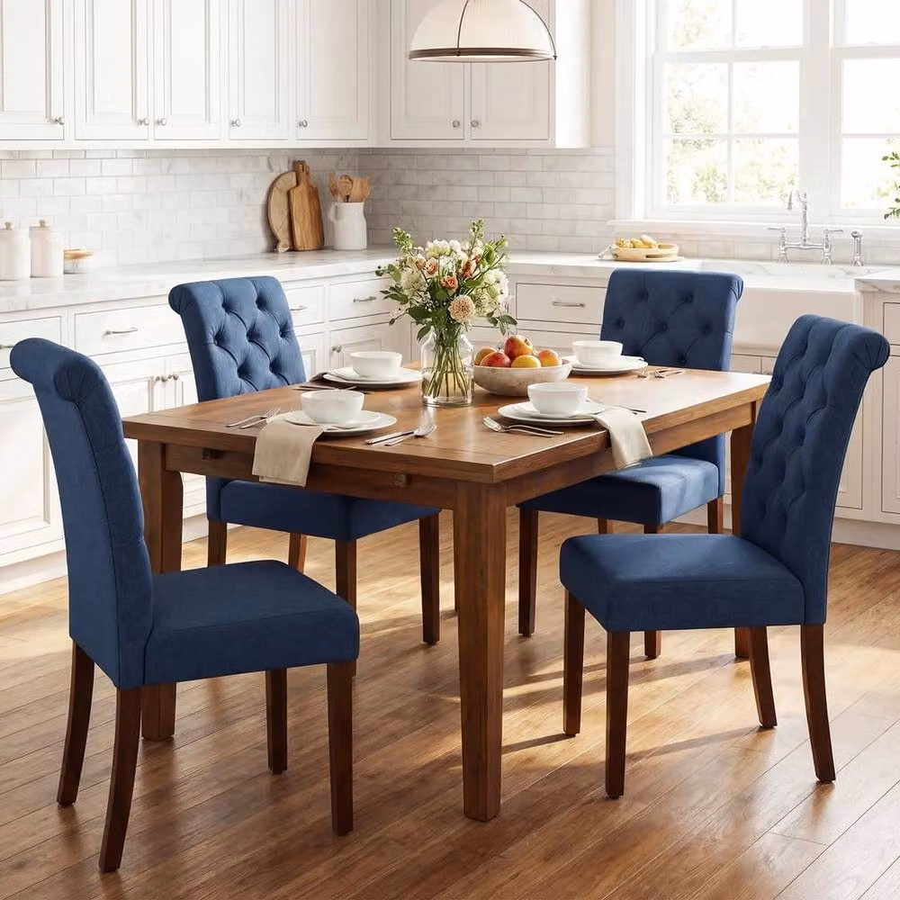 KORVIXA Set of 2 Blue Button Tufted Upholstered Fabric Dining Chairs with Wood Frame – 5