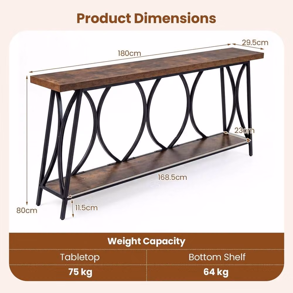 Havendro Industrial Brown Sofa Table with Storage and X-Frame Metal Design, W/D/H: 180 x 29.5 x 80 cm – 2