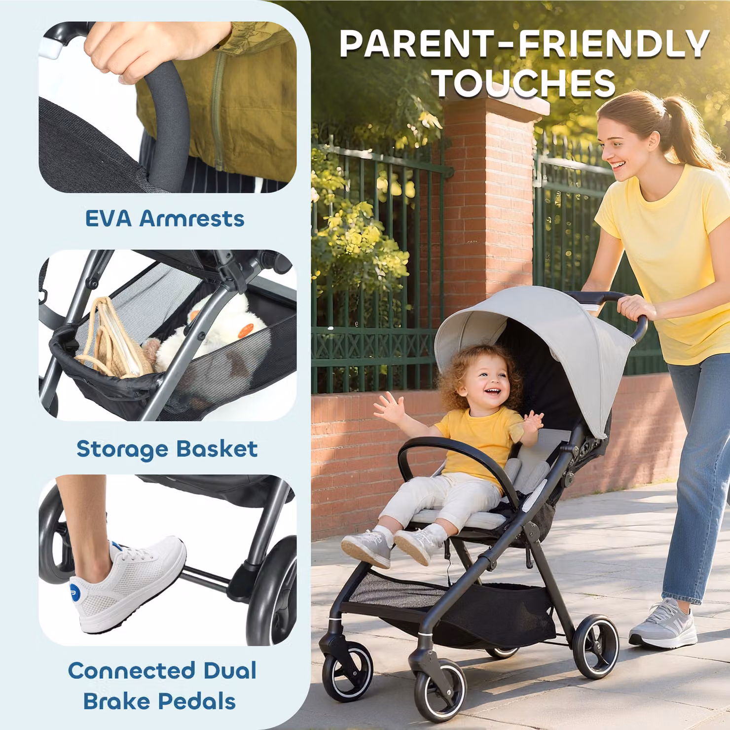 AIYAPLAY Lightweight Travel Stroller and Compact Buggy in Grey with One-Hand Fold and Suspension – 6