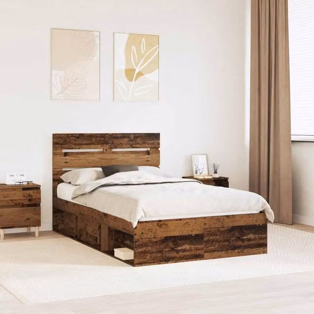 Berkfield Home Modern Bed Frame with Headboard in Brown Solid Pine Wood, W/D/H: 120 x 200 cm