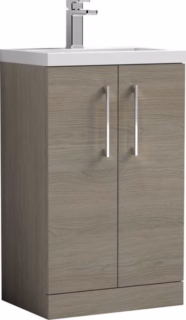Balterley Mid Oak Brown Modern Freestanding Bathroom Vanity Basin Unit with Soft Close Doors and Chrome Handles, W: 50 cm, H: 84 cm