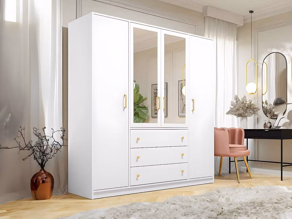 Vente-unique Modern White Wardrobe with 4 Mirrored Doors and 3 Drawers, W: 196 cm, H: 200 cm, D: 58 cm – 3