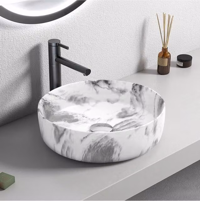 Living and Home Round White Marble Vessel Bathroom Sink, W/D/H: 36 x 36 x 12 cm