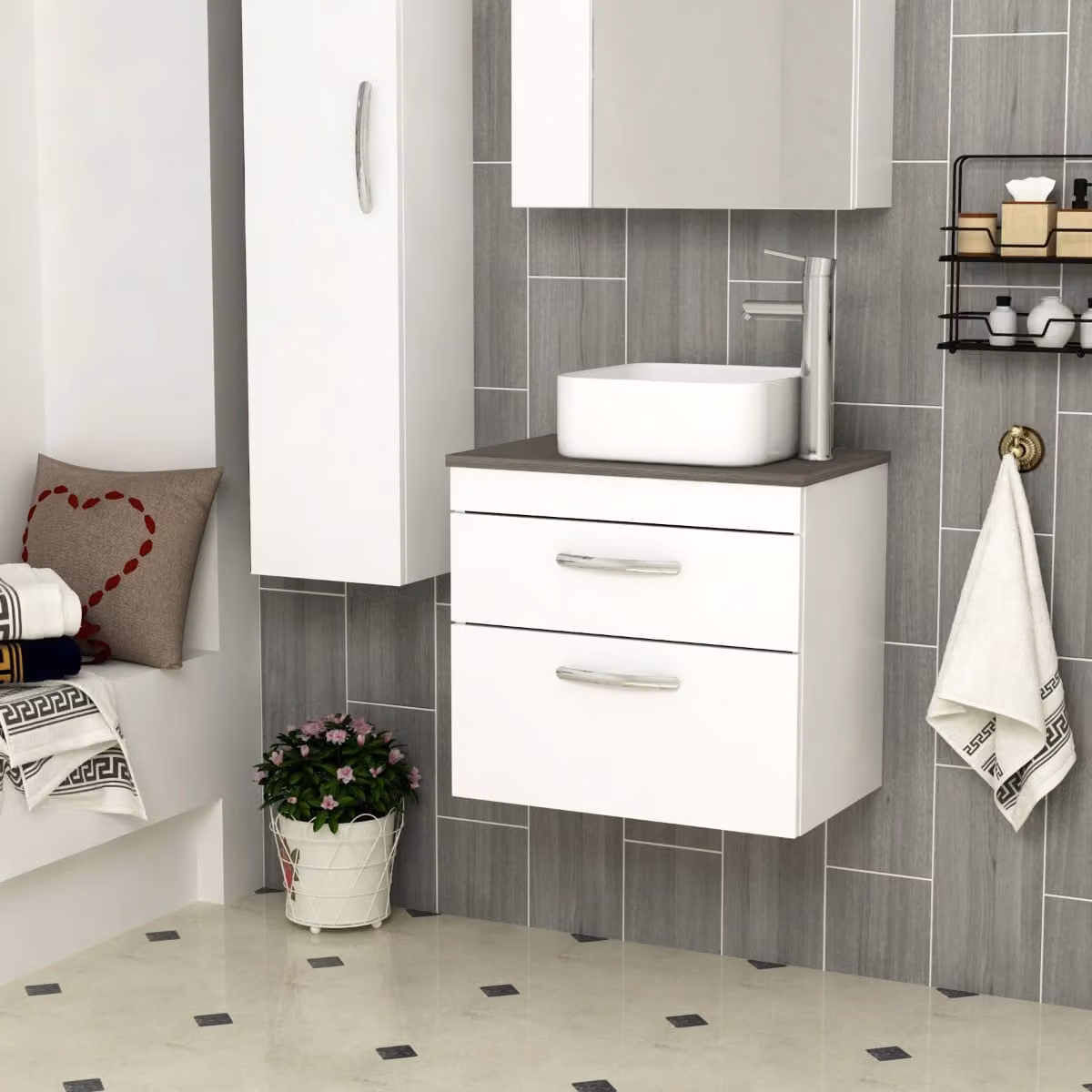 Royal Bathrooms Gloss White Wall Hung 2 Drawer Vanity Unit with Elena Countertop Basin, Width: 60 cm