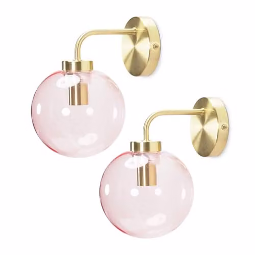 ValueLights Pair of 2 Gold Metal Stem Wall Lights with Pink Tinted Glass Globe Shades